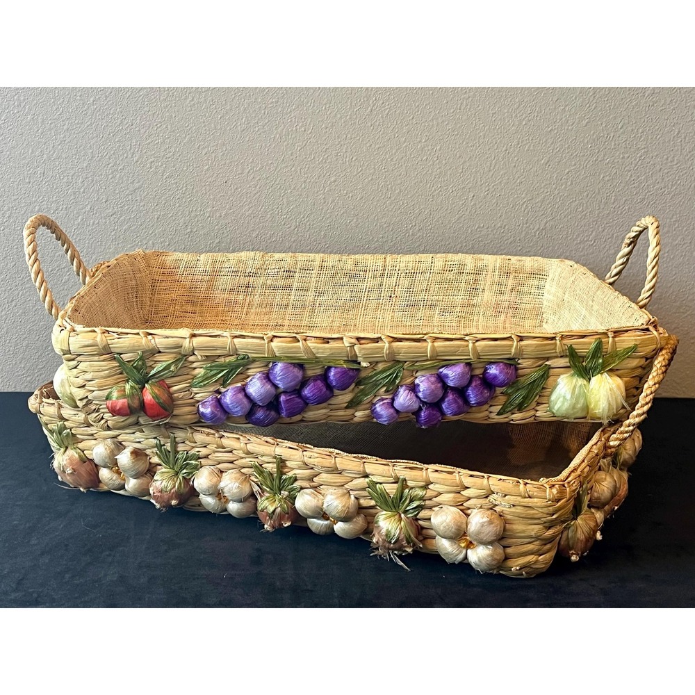 Vintage 1970s Corn Husk Raffia Kitchen Baskets Set of 2 Vegetable Catch All